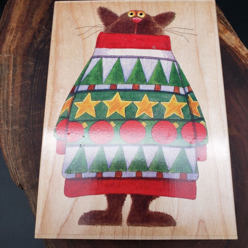 Stamps Happen Cat in Sweater Wood Stamp Linnea Design Christmas Holiday 90260